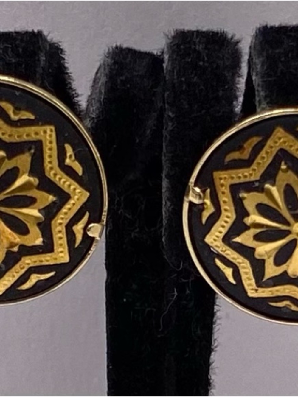 Vintage Black and Gold Floral Damascene Round Pierced Stud Earrings
